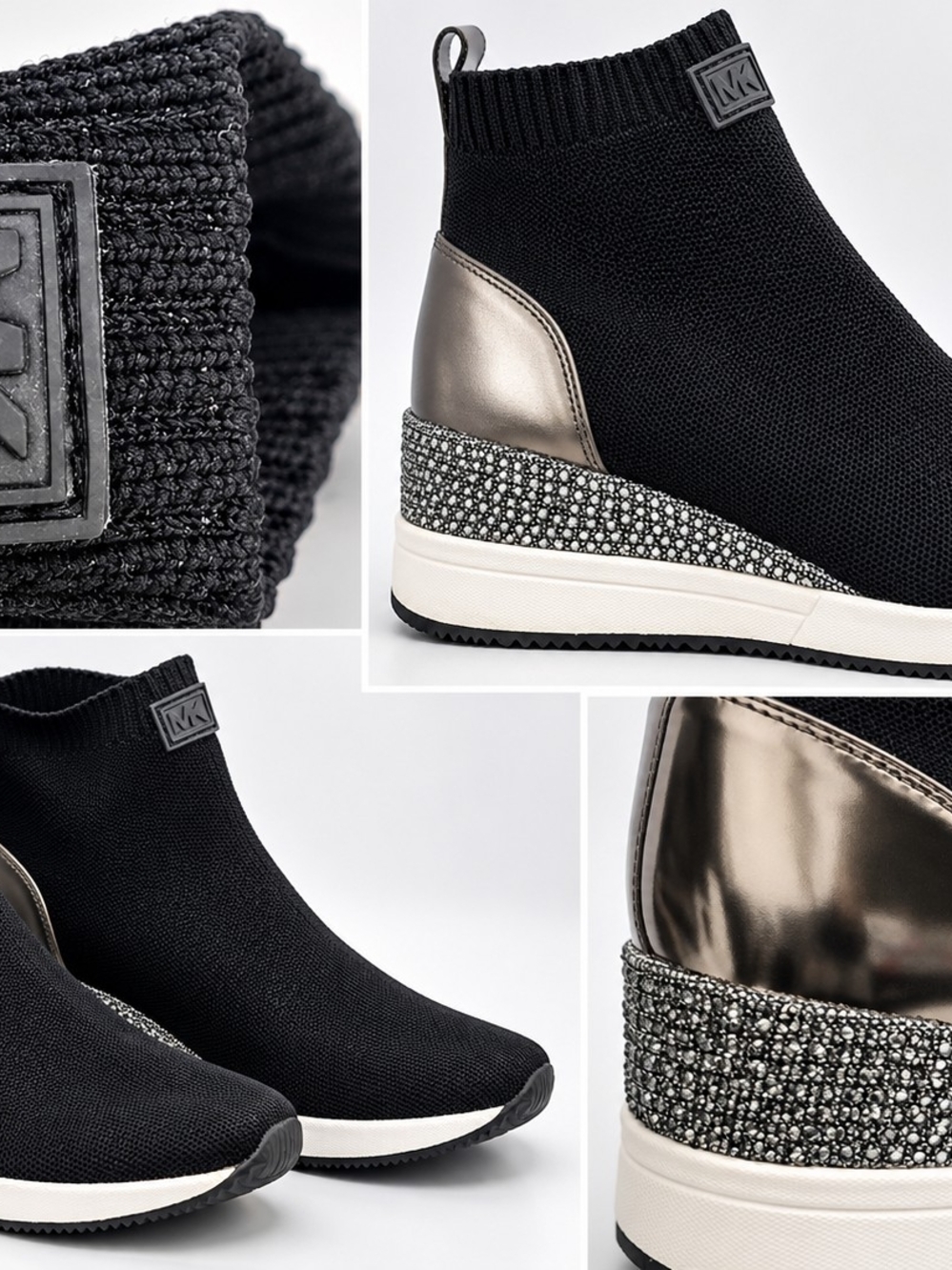 Michael Kors Black Knit Slip-On Wedge Sneakers with Metallic Heel Accent